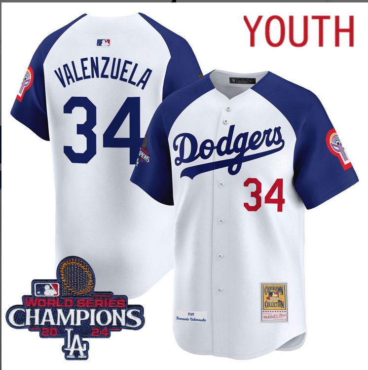 Youth MLB Los Angeles Dodgers #34 Valenzuela white 2024 World Series Champions Patch Cooperstown Jersey style 2->youth mlb jersey->Youth Jersey